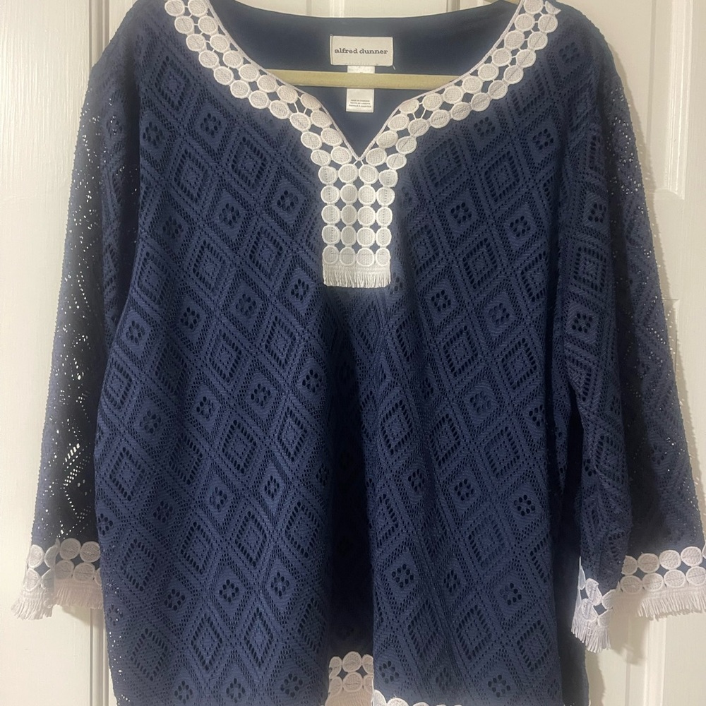 Alfred Dunner Navy Blue Blouse with White Accents